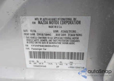 2006 Mazda Mazda6 S Grand Sport z USA, uszkodzony, nr VIN 1YVHP84D365M47812